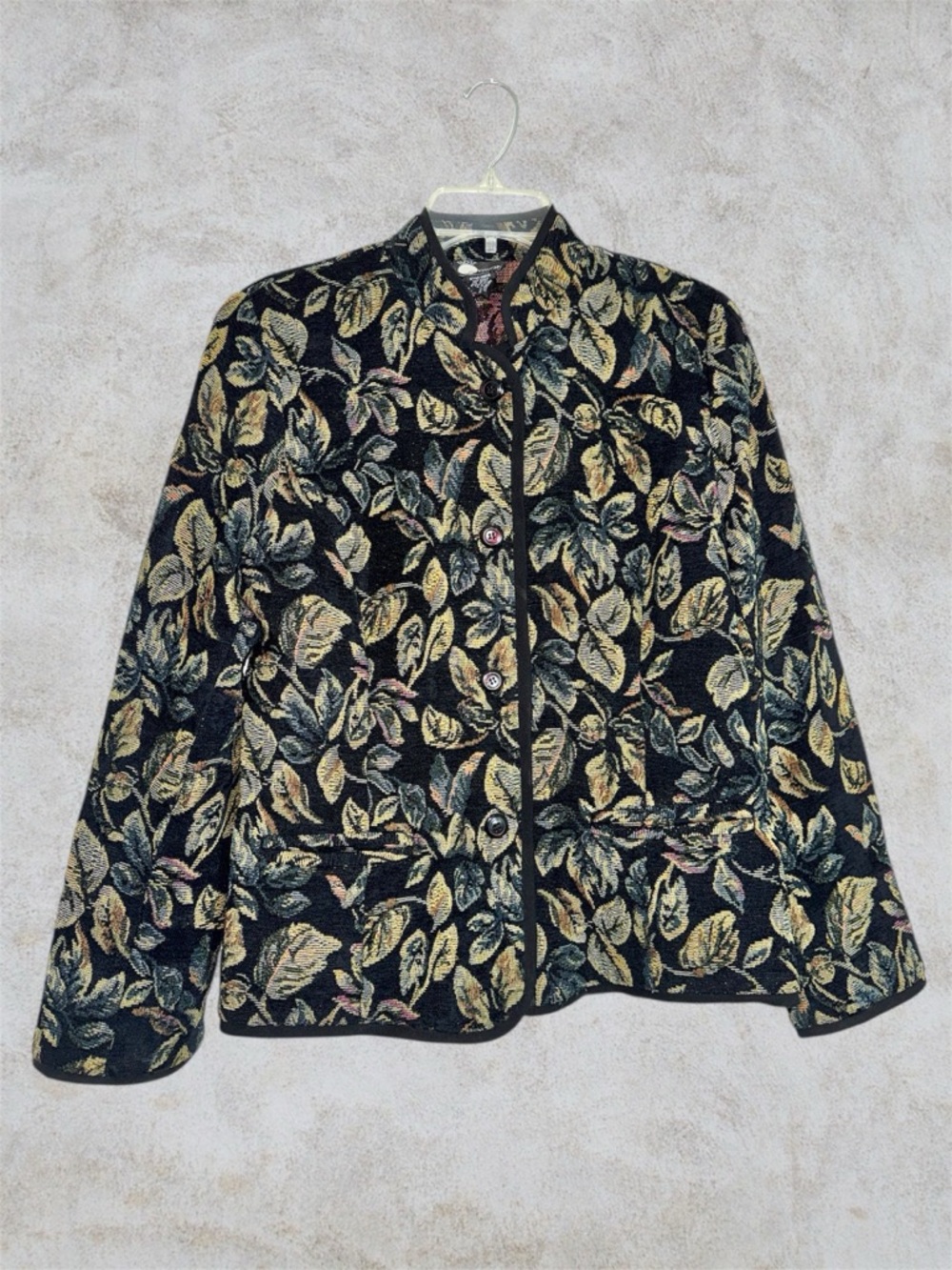 First Option Black Botanical Leaf Jacquard Button Up Blazer Jacket size M
